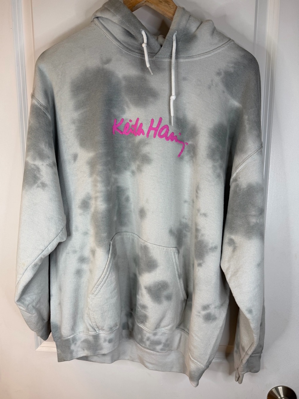 Urban Outfitters Keith Haring Hoodie - Gray Tie-Dye with Pink Logo, size M